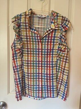 Multi-Color Plaid Ruffle Button-Front Sleeveless Blouse